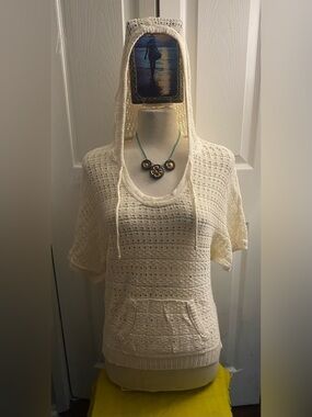 American Eagle Outfitters Cream Openwork Hooded Knit Top